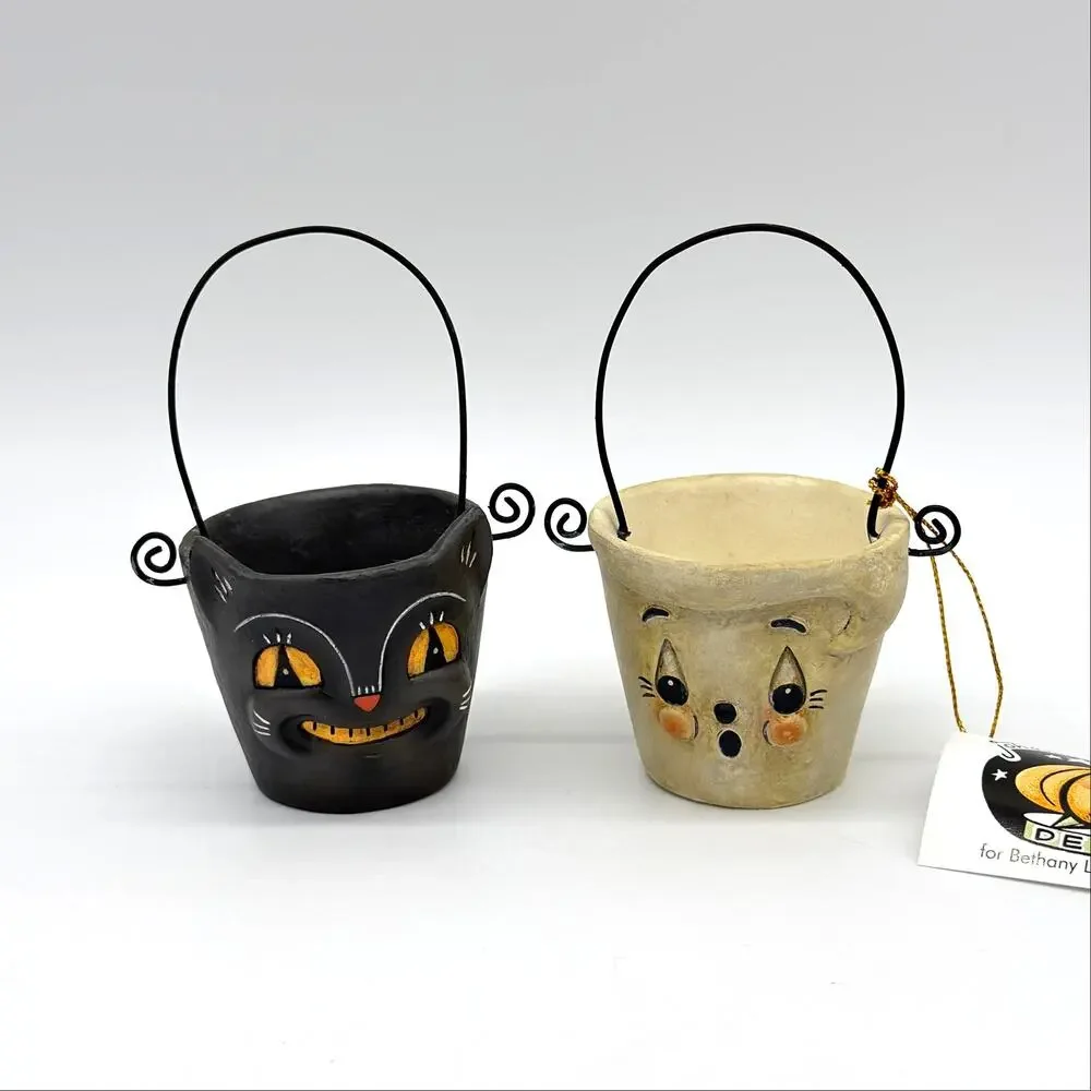 Bethany Lowe Johanna Parker 2 Boo & Cat Teeny Halloweenie Pail Ornaments NEW